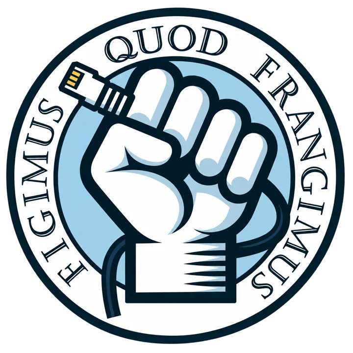 Seal: a raised fist gripping an RJ45 cable, ringed by the words Figimus Quod Frangimus